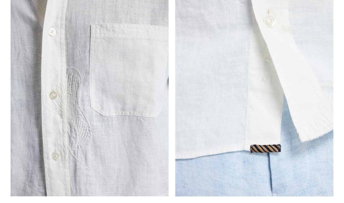 Detail shorts of the shirt show subtle embroidery and mother of pearl buttons.