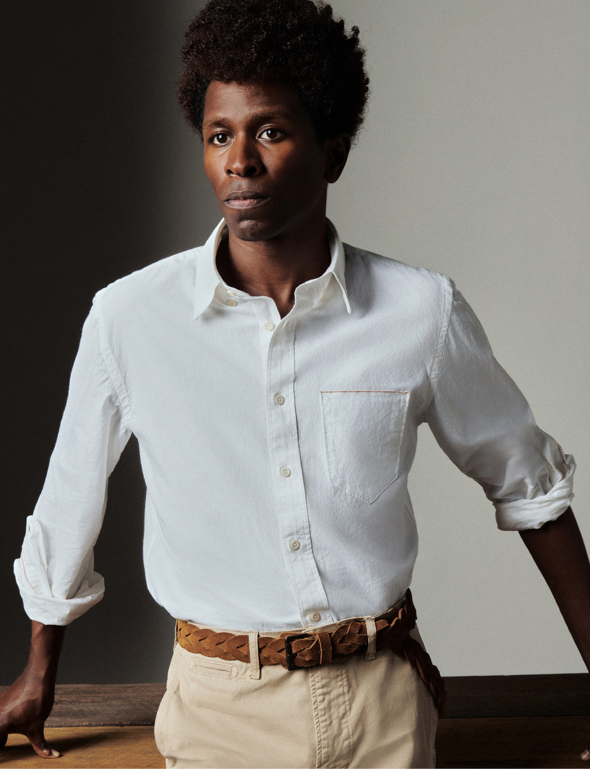 Model wears the White MSL 1 Pocket Shirt