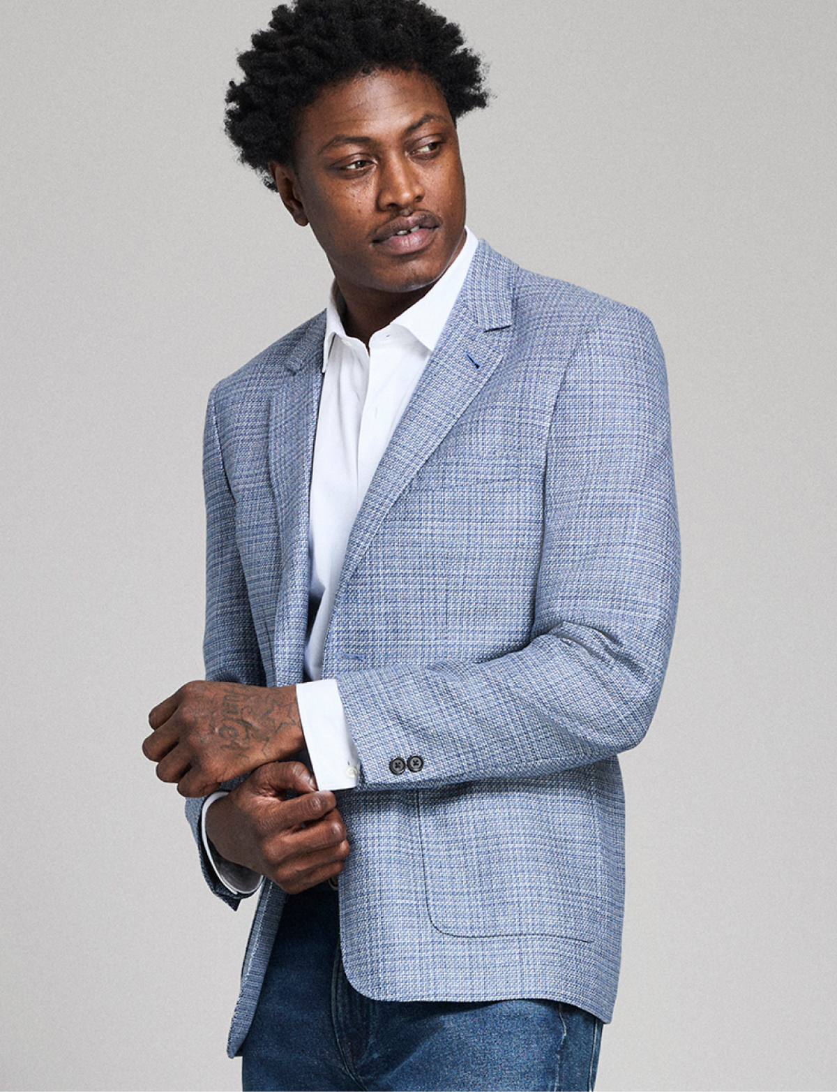 Model wears the Billy Reid Walton Jacket in blue.