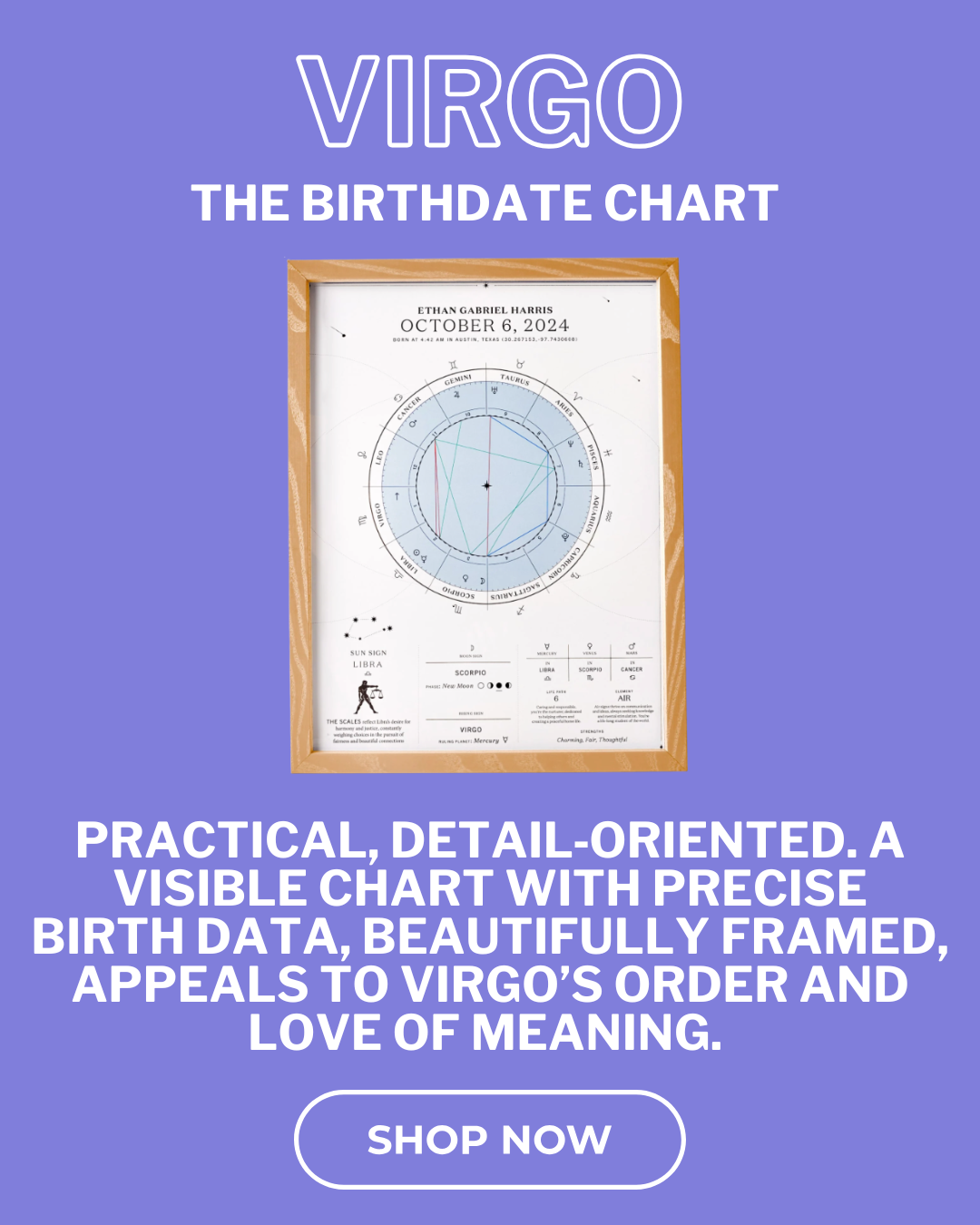 Virgo- Birthdate Chart in Sky Blue & Natural Wood