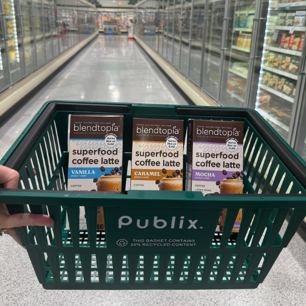Publix shopping basket with all three superfood coffee latte flavors (vanilla, caramel, mocha), located in the freezer aisle in Publix
