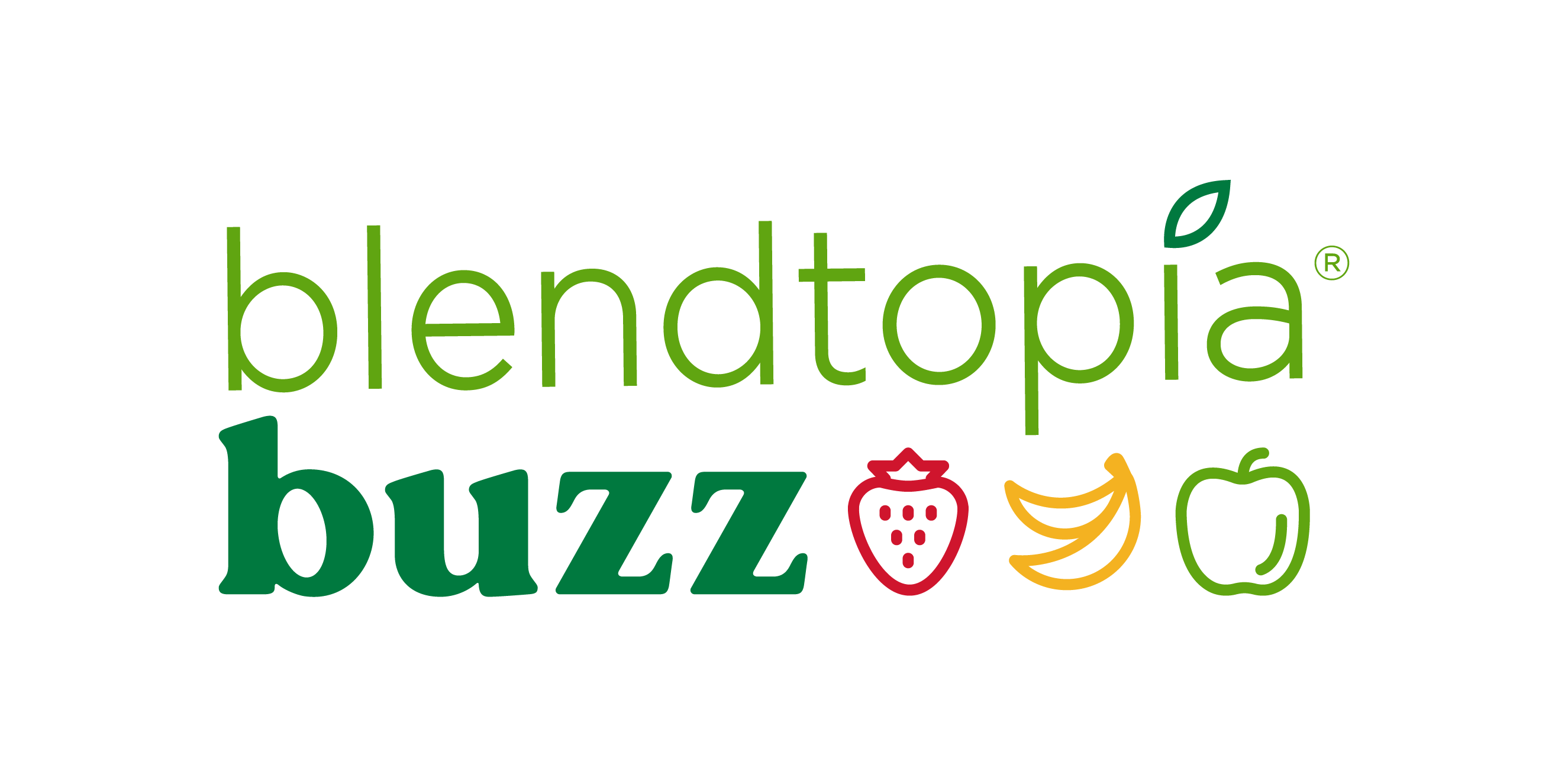 Blendtopia logo in a light green color with the "I" dot as a dark green leaf. Below the Blendtopia logo is the word "buzz" in bold, dark green letters. Besides the word buzz are line drawing of a red strawberry, yellow banana, and green apple.