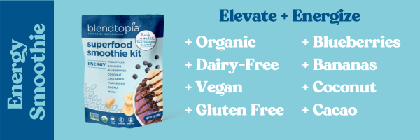 Image of Energy Smoothie Text reads: Elevate + Energize - Organic, Dairy-Free, Vegan, Gluten Free, Blueberries, Bananas, Coconut, Cacao