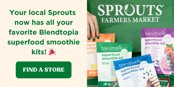 Your local Sprouts now has all your favorite Blendtopia superfood smoothie kits! Button Text reads: Find a Store. Picture of smoothie kits in front of Sprouts bag.