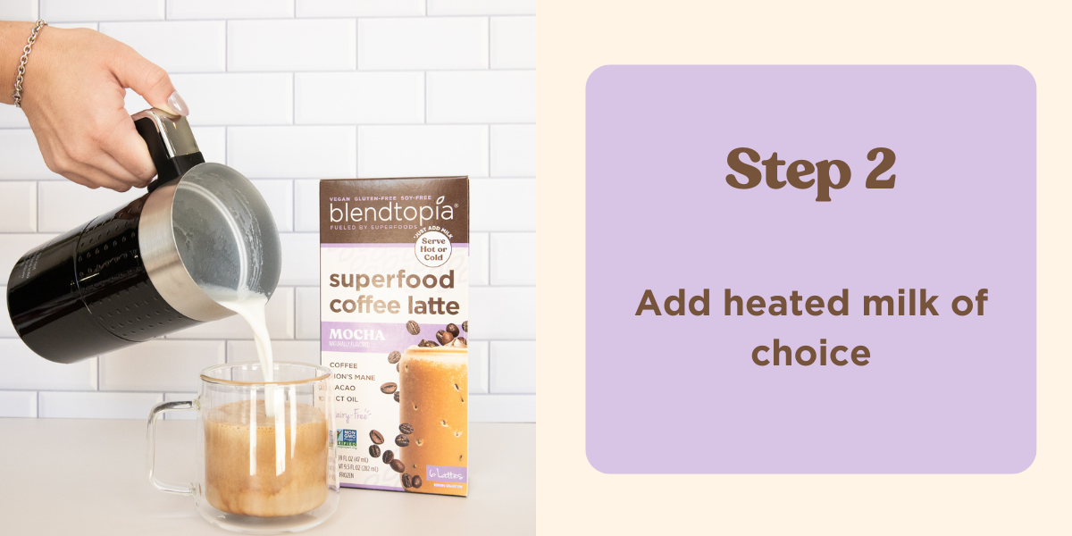 Hand holding hot thermos of milk being poured into a coffee cup with Blendtopia superfood latte already in side. Coffee cup is on a kitchen counter next to a box of mocha superfood coffee lattes. Text reads Step 2 Add heated milk of choice