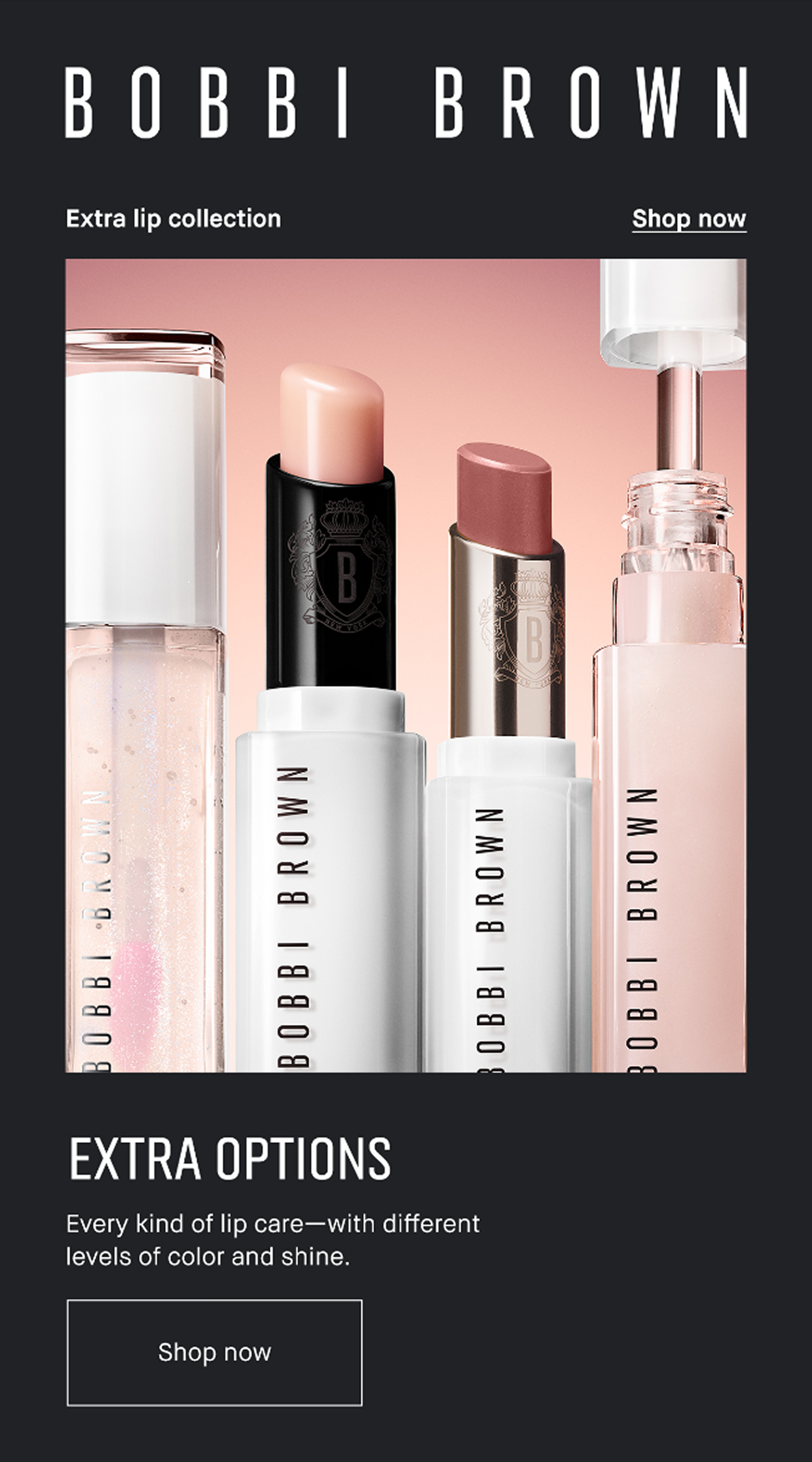 Bobbi BROWN | Extra lip collection | Shop now | EXTRA OPTIONS | Every kind of lip care-with different levels of color and shine. | Shop now