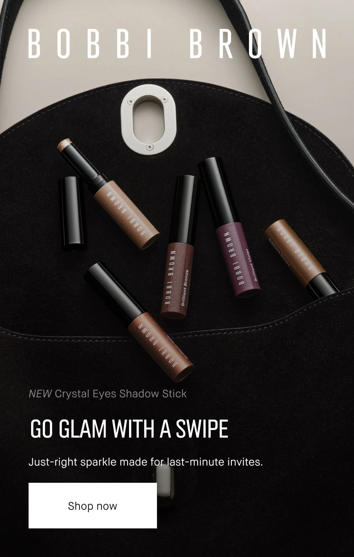 BOBBY BROWN | NEW Crystal Eyes Shadow Stick | GO GLAM WITH A SWIPE | Just-right sparkle made for last-minute invites. | Shop now.