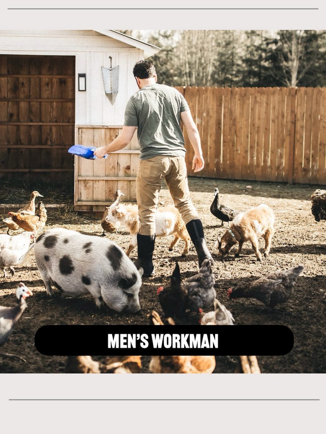 A man feeding his livestock in his backyard. Shop our Men's workman mid