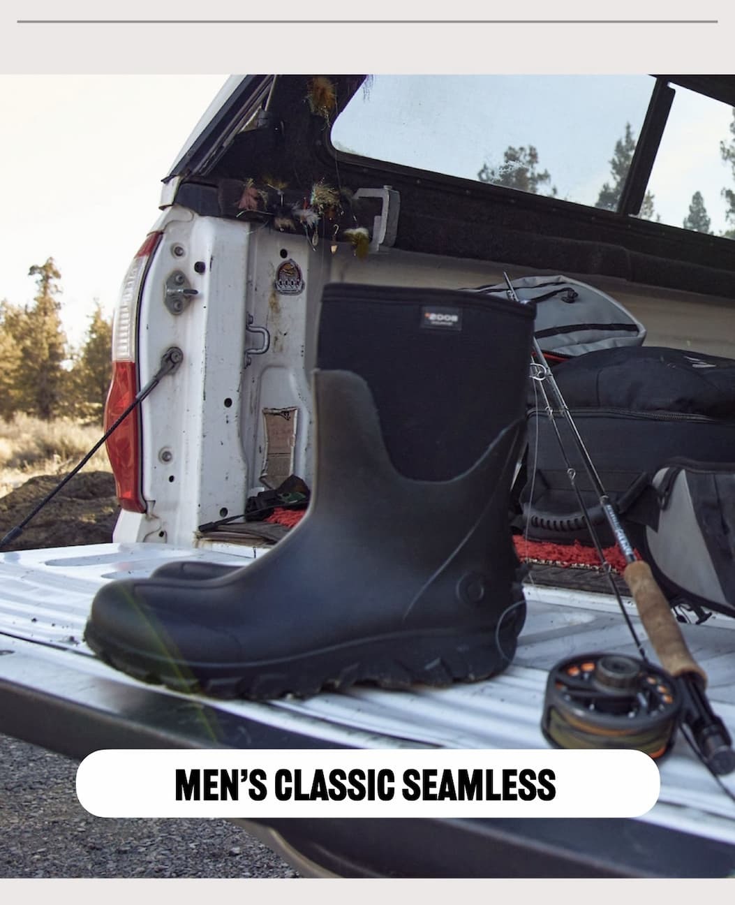 Black boot on a truck bed with a fishing pole. Shop our Men's Classic Seamless mid