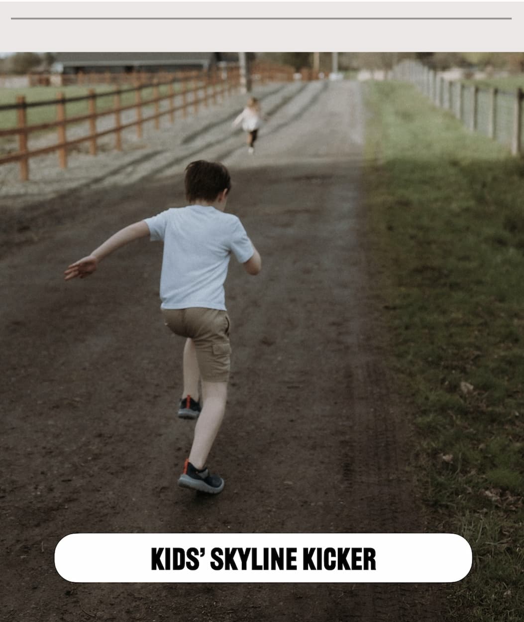 A kid running down a dirt road. Shop our Kids' Skyline Kicker