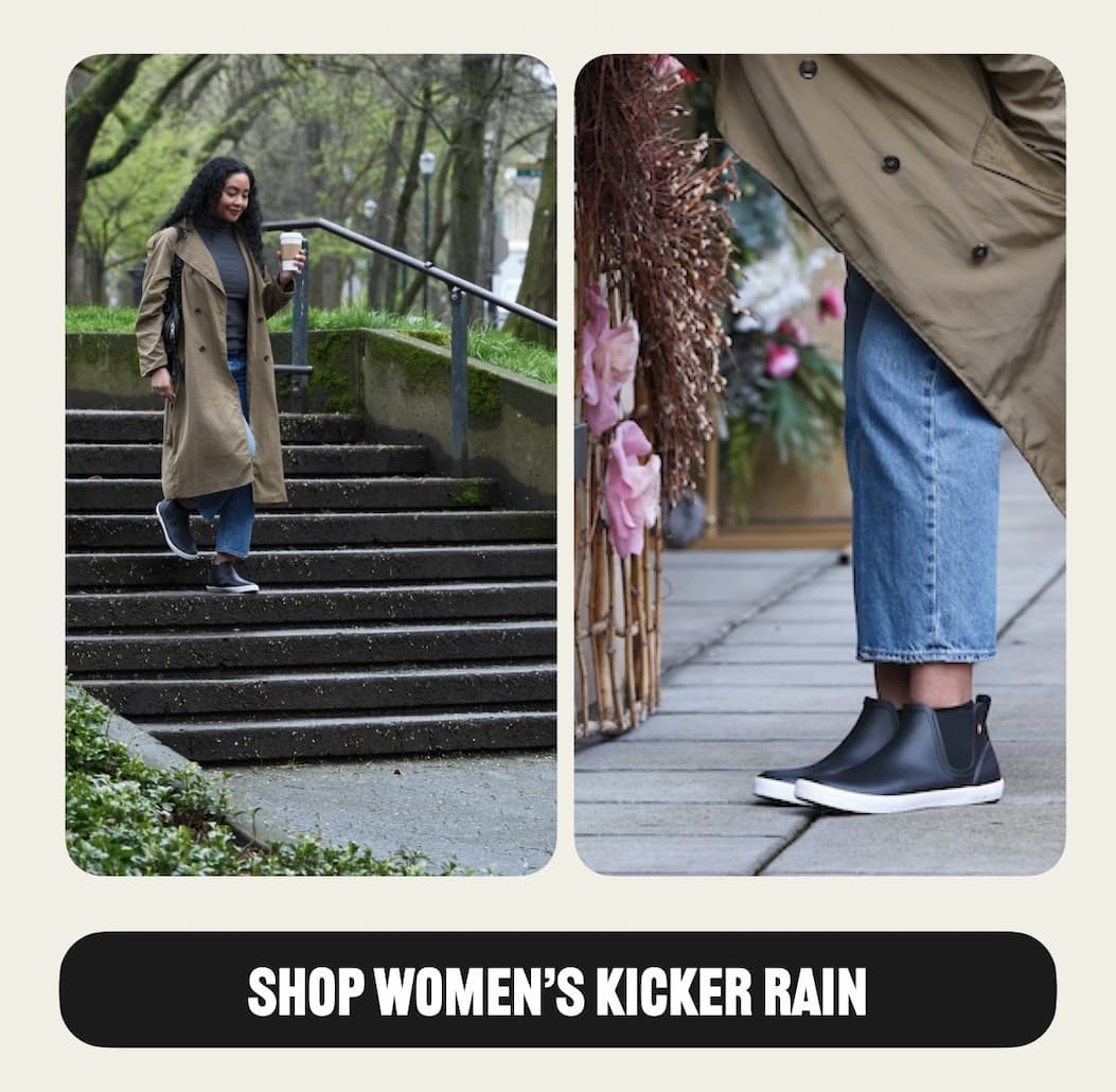 Two side by side images of a woman walking down stairs & a closeup of our kick rain chelsea boots. Shop our Women's casual waterproof shoes.