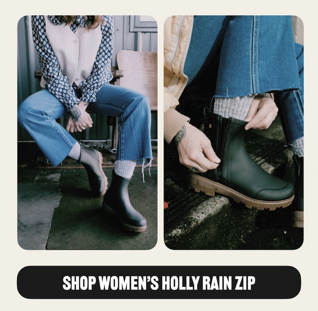 A side by side image of a woman wearing our holly rain zip boots in black.