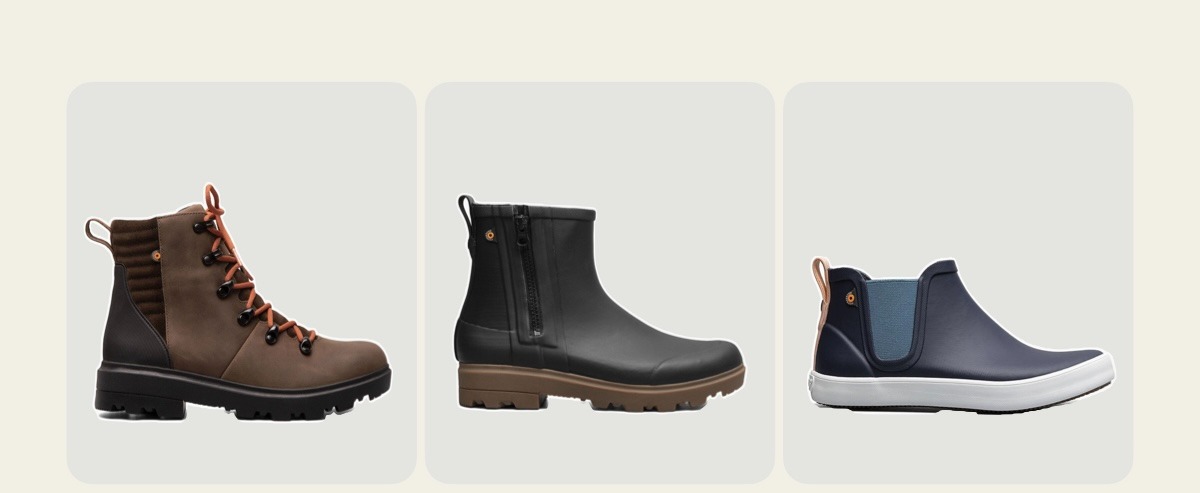Shop our Women's Holly Leather in brown with red laces, Holly Rain zip in black & kicker rain chelsea in blue.