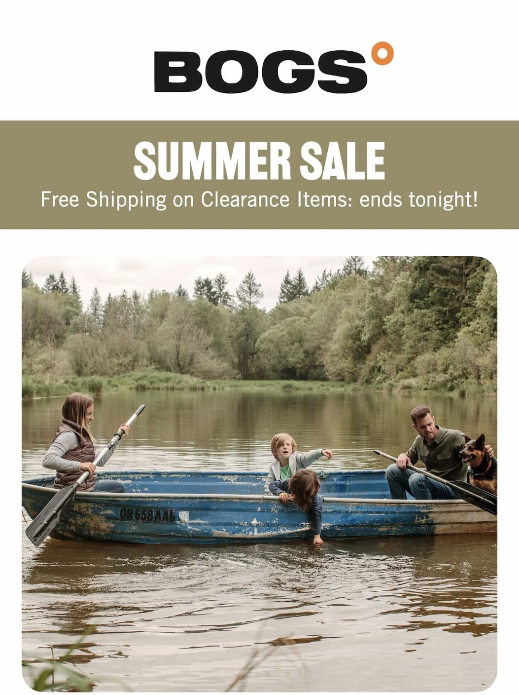 A family in a blue rowing boat. Shop our Summer Sale. Last day!