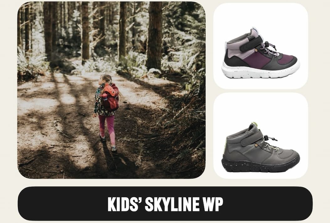 Image of a girl with a backpack walking through the forest. Shop our Kids' Skyline waterproof shoes