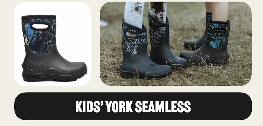 A closeup shoe of two kids wearing our new kids' york seamless boots.