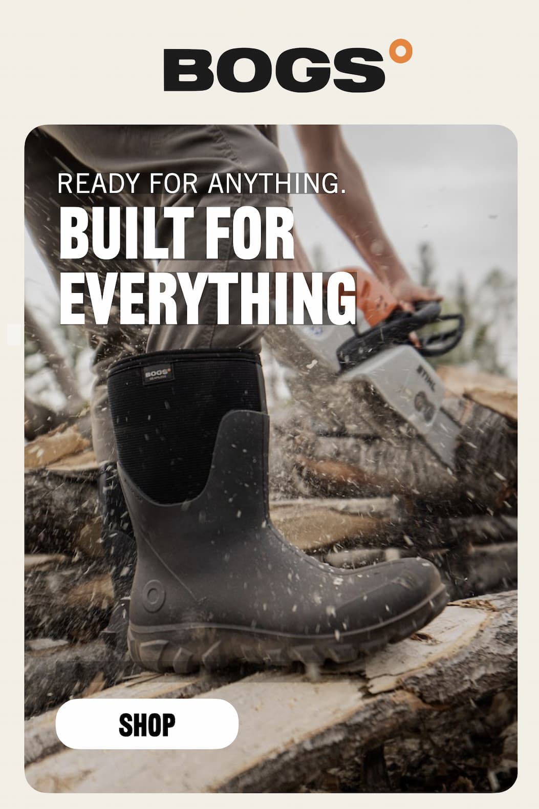 A man cutting wood with a chainsaw wearing our Classic Seamless mid height boots in black. Shop Now