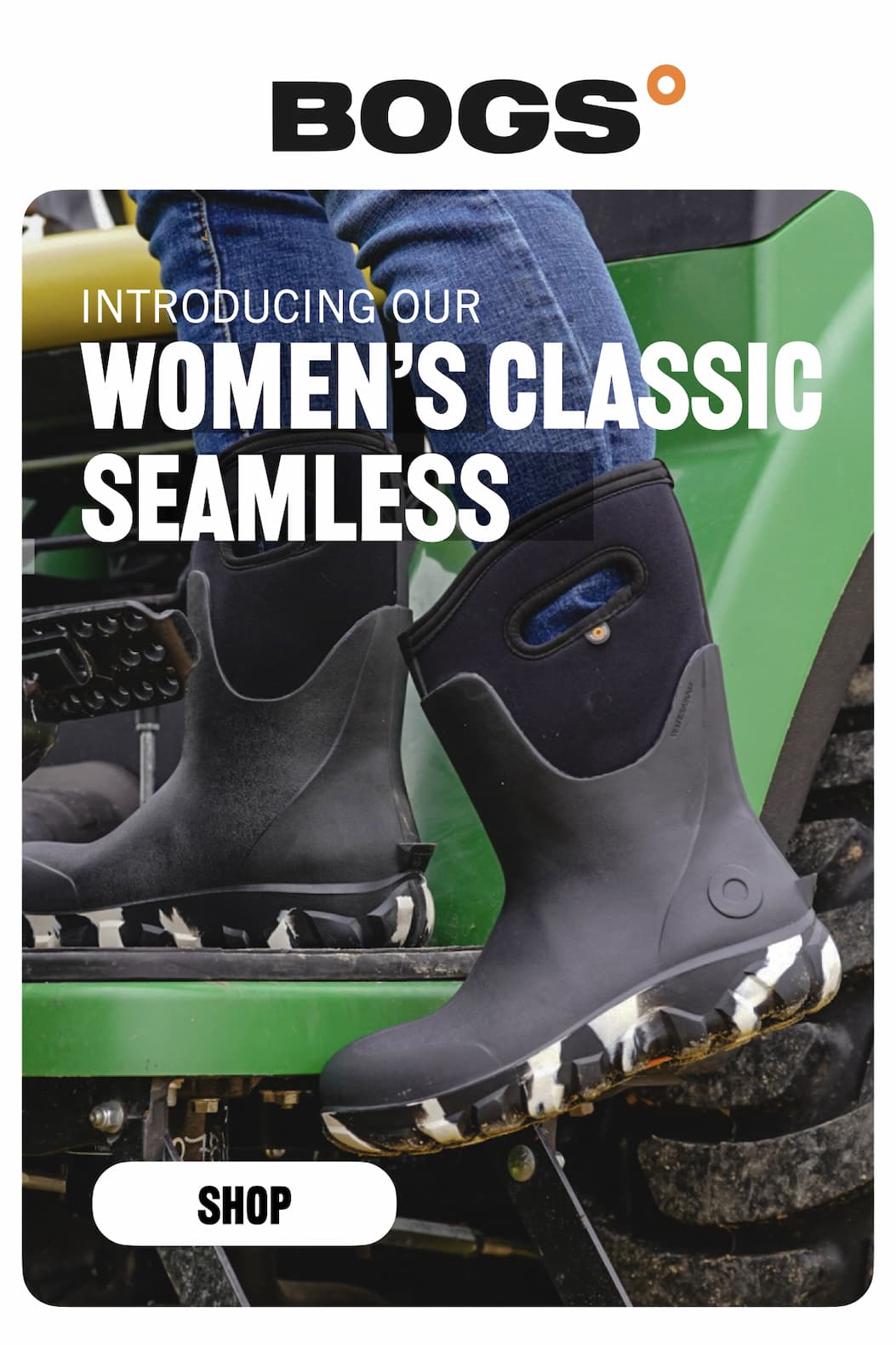 A closeup of our women's classic seamless boots stepping on to a tractor. Shop now.