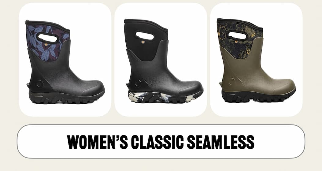 Image shows 3 classic seamless boots in mid height.