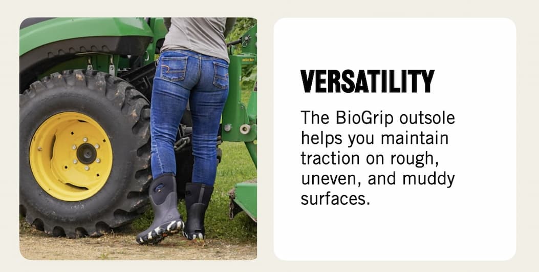 A woman getting into a tractor wearing our new Classic seamless boots