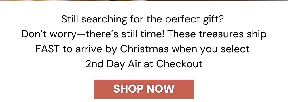 Still searching for the perfect gift?  Don’t worry—there’s still time! These treasures ship FAST to arrive by Christmas when you select  2nd Day Air at Checkout