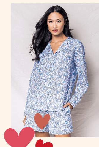 Women's Twill Pajama Long Sleeve Short Set in Fleur D'Azur