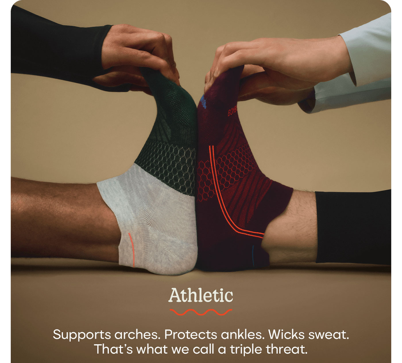 Athletic | Support arches. Protects ankles. Wicks sweat. That's what we call a triple threat.