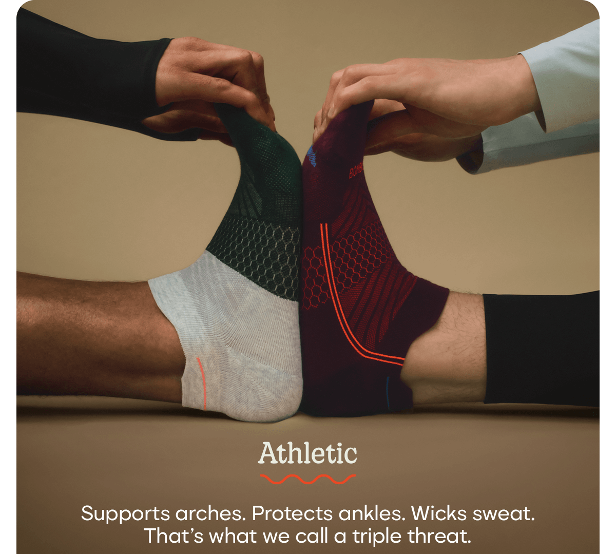 Athletic | Supports arches. Protects ankles. Wicks sweat. That's what we call a triple threat.