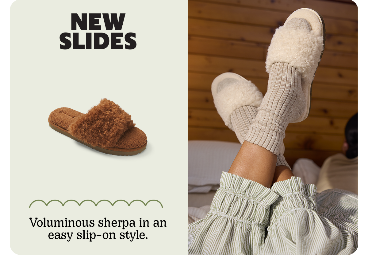 NEW SLIDES | Voluminous sherpa in an easy slip-on style.