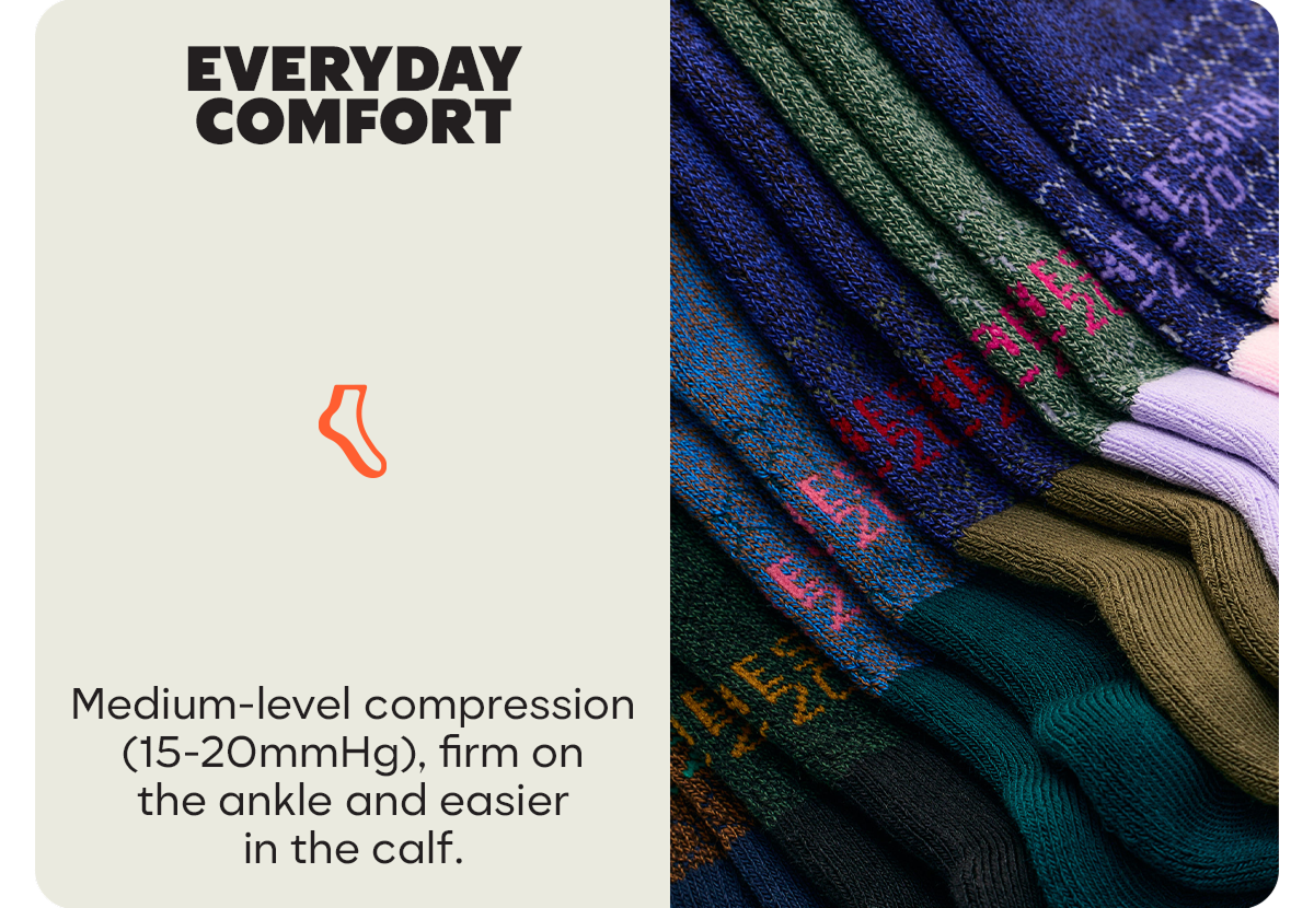EVERYDAY COMFORT | Medium-level compression (15-20mmHg), firm on the ankle and easier in the calf.