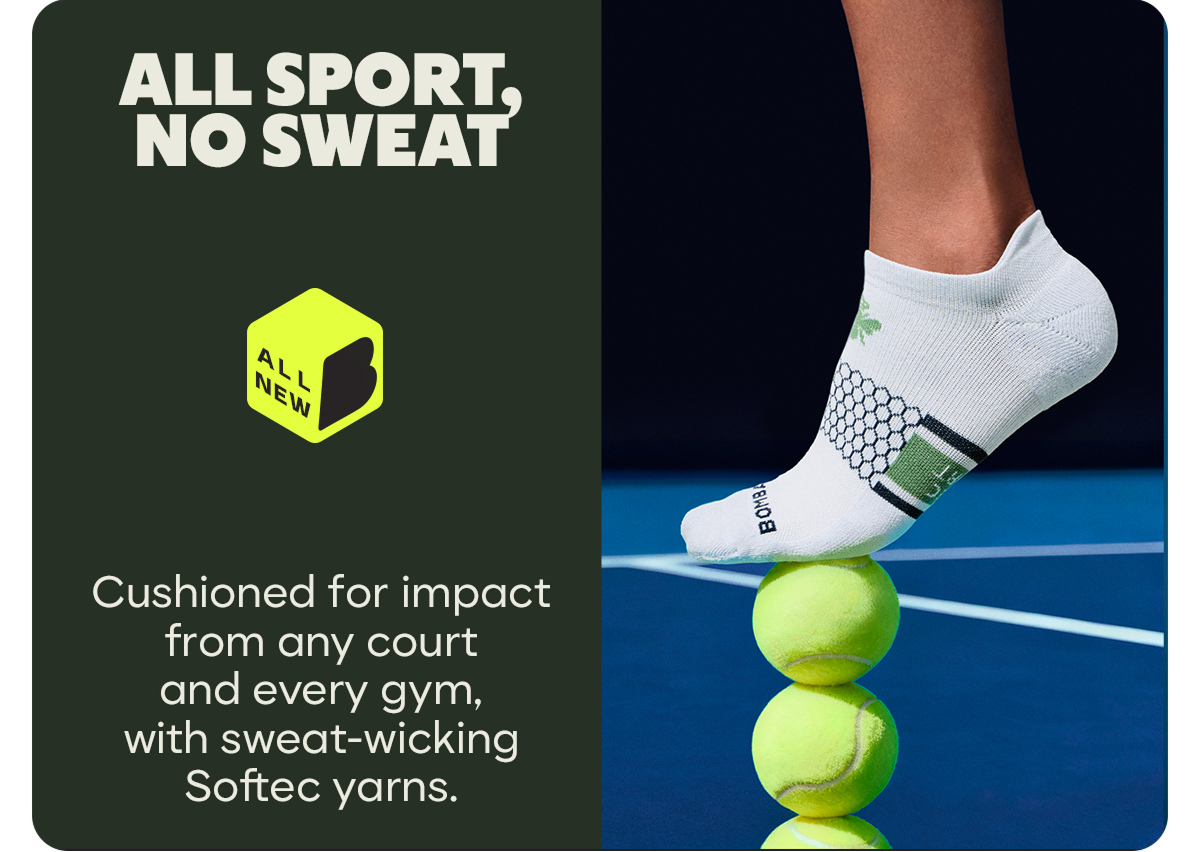 ALL SPORT, NO SWEAT | Cushioned for impact from any court and every gym, with sweat-wicking Softec yarns.
