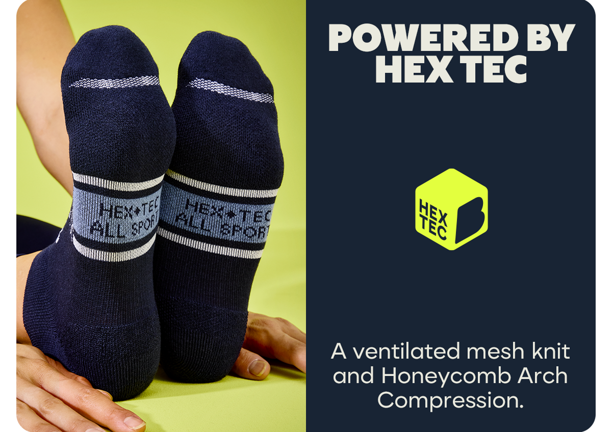 POWERED BY HEX TEC | A Ventilated mesh knit and Honeycomb Arch Compression.