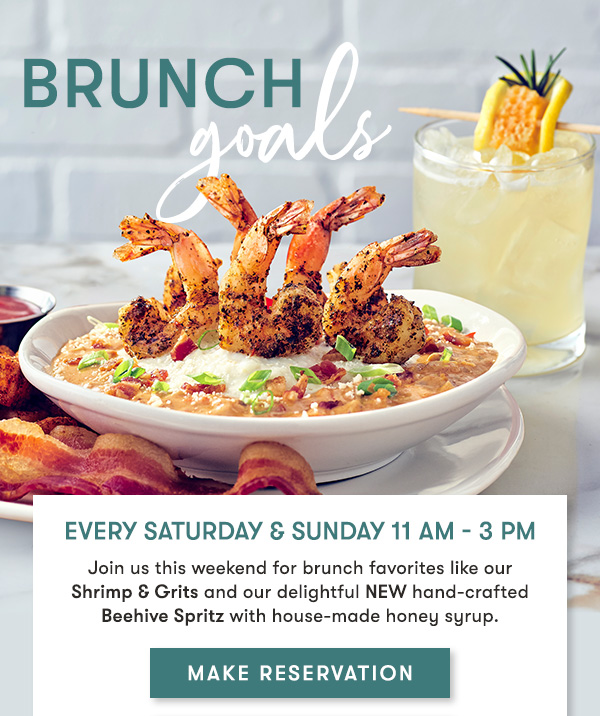 Every Saturday & Sunday 11 AM - 3 PM Every Saturday & Sunday 11 AM - 3 PM Join us this weekend for brunch favorites like our Shrimp & Grits and our delightful NEW hand-crafted Beehive Spritz with house-made honey syrup. MAKE RESERVATION