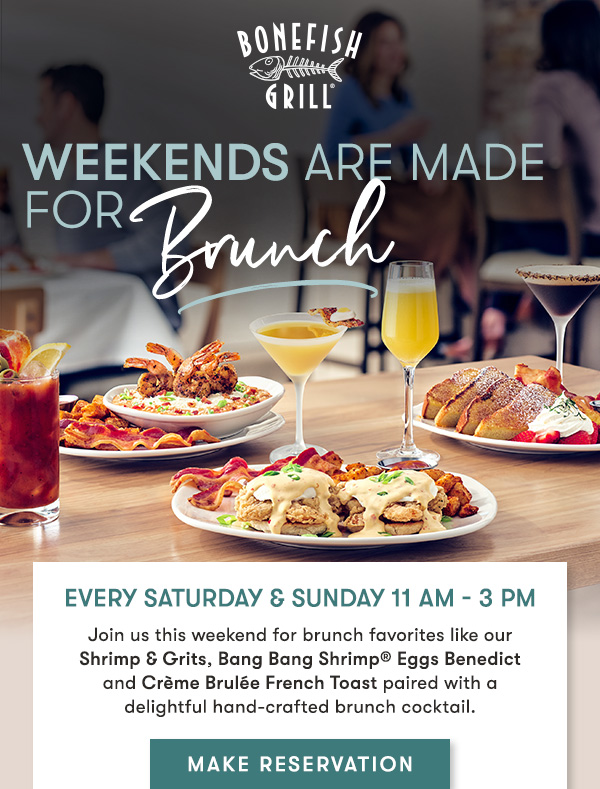 Every Saturday & Sunday 11 AM - 3 PM Join us this weekend for brunch favorites like our Shrimp & Grits and our delightful NEW hand-crafted Beehive Spritz with house-made honey syrup.MAKE RESERVATION