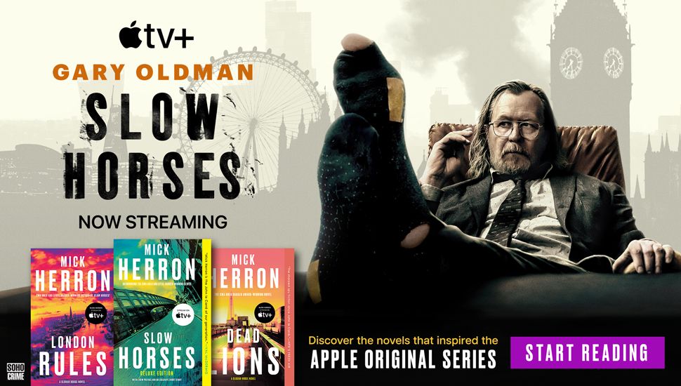 promotional image for Season 5 of Slow Horses on Apple TV+: three covers of books from Mick Herron’s Slough House series next to am image of actor Gary Oldman with his feet kicked up