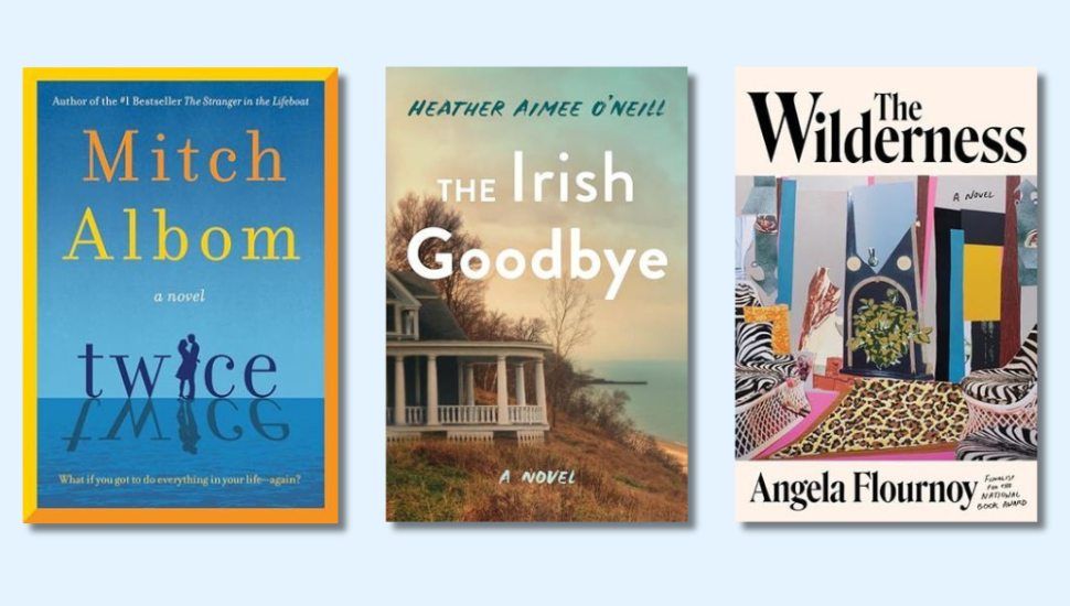 three book covers: Twice by Mitch Albom, The Irish Goodbye by Heather Aimee O’Neill, and The Wilderness by Angela Flournoy