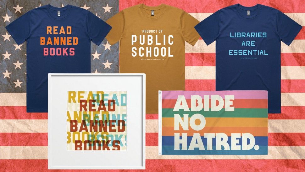 promotional image for The Bitter Southerner, a company offering apparel and accessories. Image shows an art print, a flag, and three t-shirts