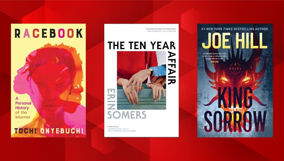 three book coves: Racebook by Tochi Onyebuchi, The Ten Year Affair by Erin Somers, and King Sorrow by Joe Hill