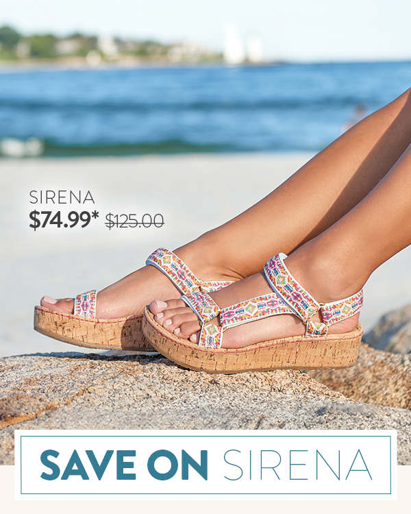 Save On Sirena. Featured style: Sirena platform cork sandal with white multicolor straps.
