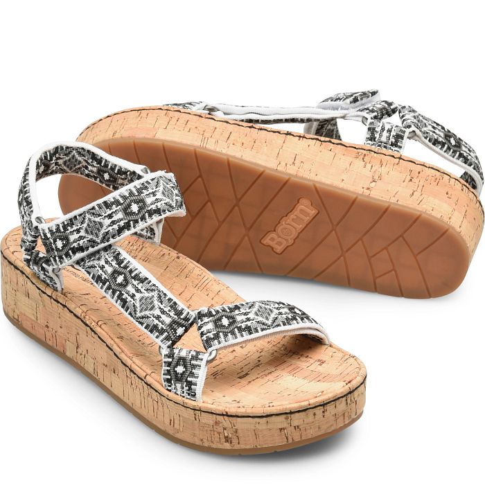 Sirena cork platform sandal in black and white fabric.