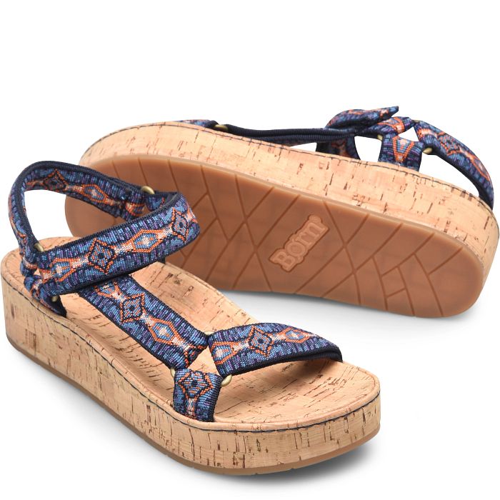 Sirena cork platform sandal in navy and blue fabric.