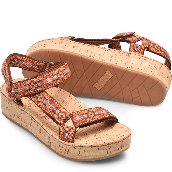 Sirena cork platform sandal in orange mutilcolor fabric.