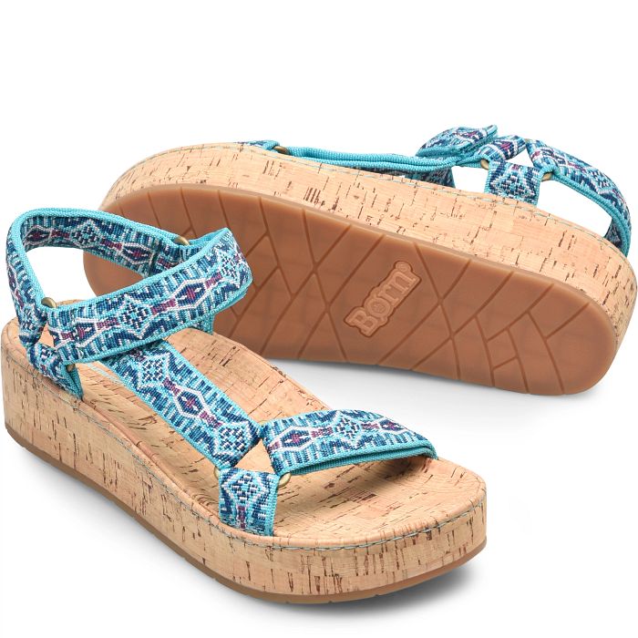 Sirena cork platform sandal in turquoise multicolor fabric.