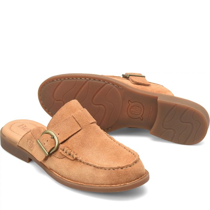 Meg slip on loafer mule in tan suede.