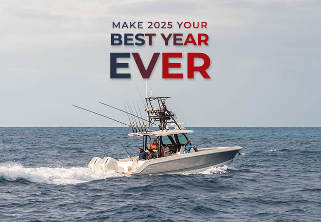 A boat on the ocean bellow the words, "Make 2025 Your Best Year Ever"