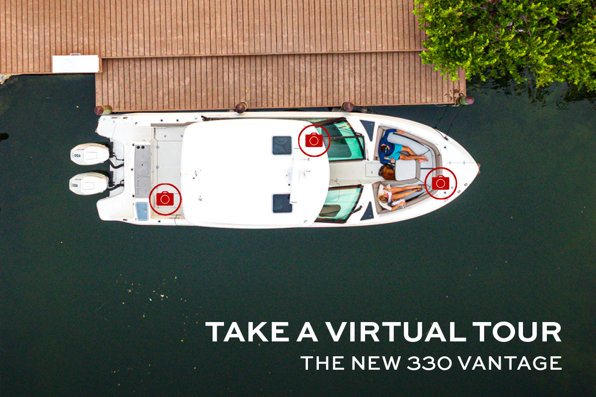Aerial view of the new 330 Vantage boat, inviting viewers to take a virtual tour.