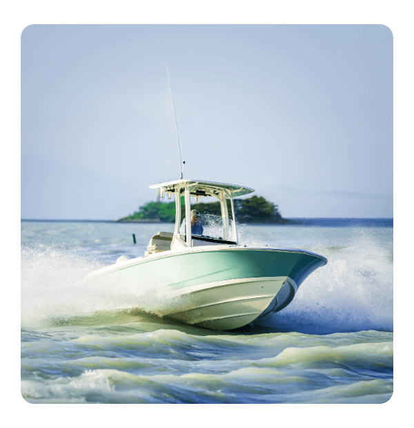 A Boston Whaler boat running across water with text overlay saying "The sale is ending. act now"