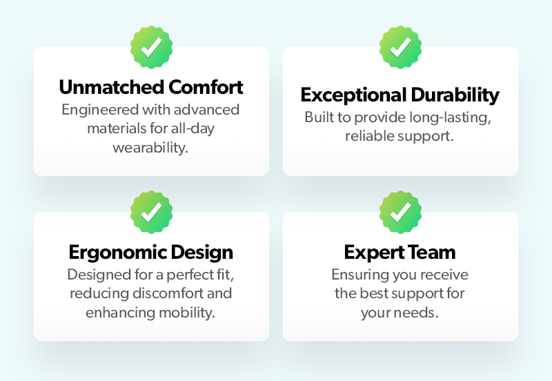 Key features highlighting the quality, support, and comfort of BraceAbility products and services