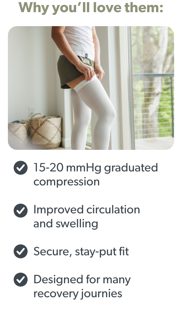 Why You’ll Love Them: 15-20 mmHg Graduated Compression Improved Circulation and Swelling Secure, Stay-Put Fit  Designed for Many Recovery Journies