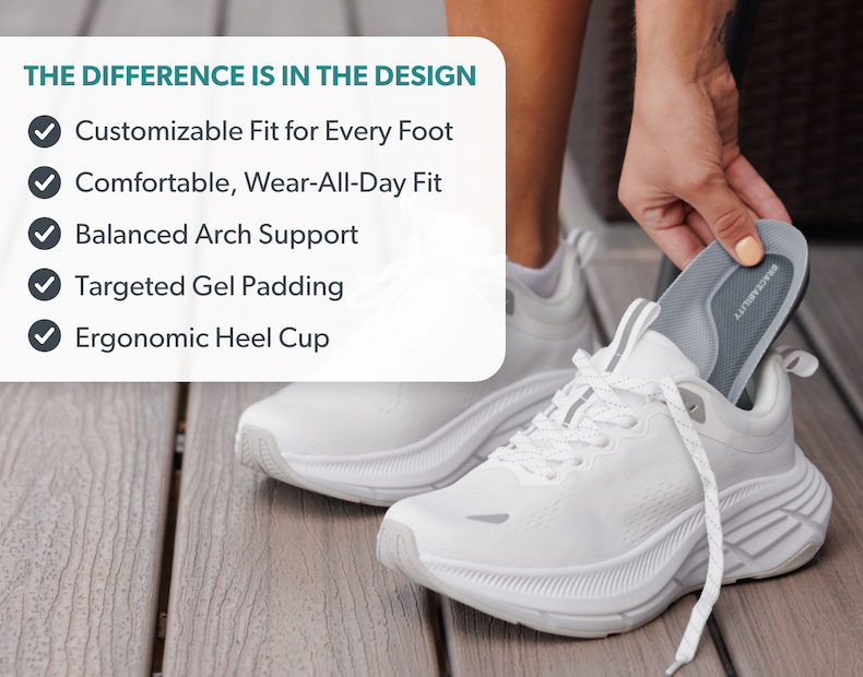 The Difference Is in the Design. Customizable Fit for Every Foot Comfortable, Wear-All-Day Fit Balanced Arch Support  Targeted Gel Padding  Ergonomic Heel Cup